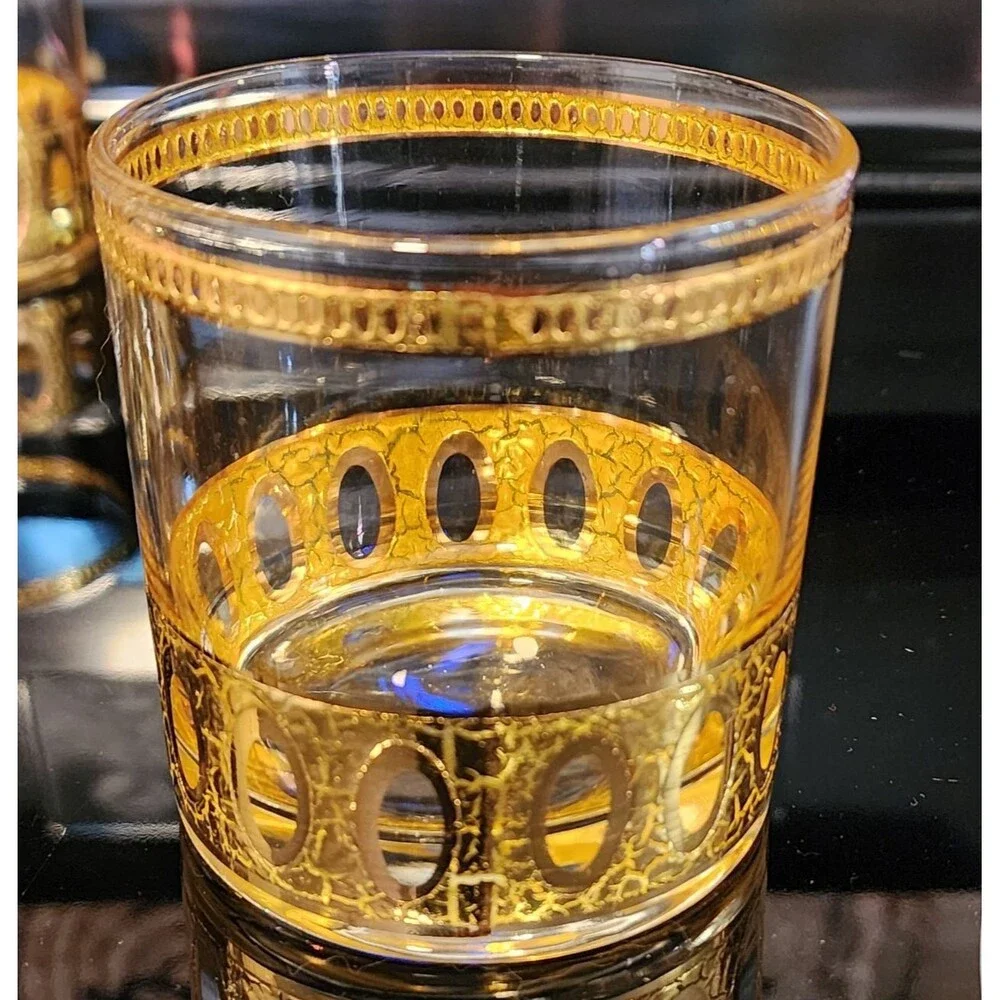 Vintage Set 8 Culver 1960s Low Ball Glasses 22K Gold Overlay Antigua